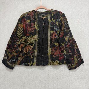 Citron Santa Monica Jacket Womens Medium Black Linen Blend Floral Asian Boho